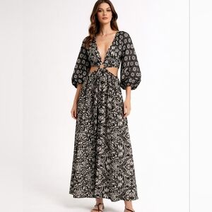 Abercrombie And Fitch Black and White Cutout Tie Back Maxi Medium Dress Long
